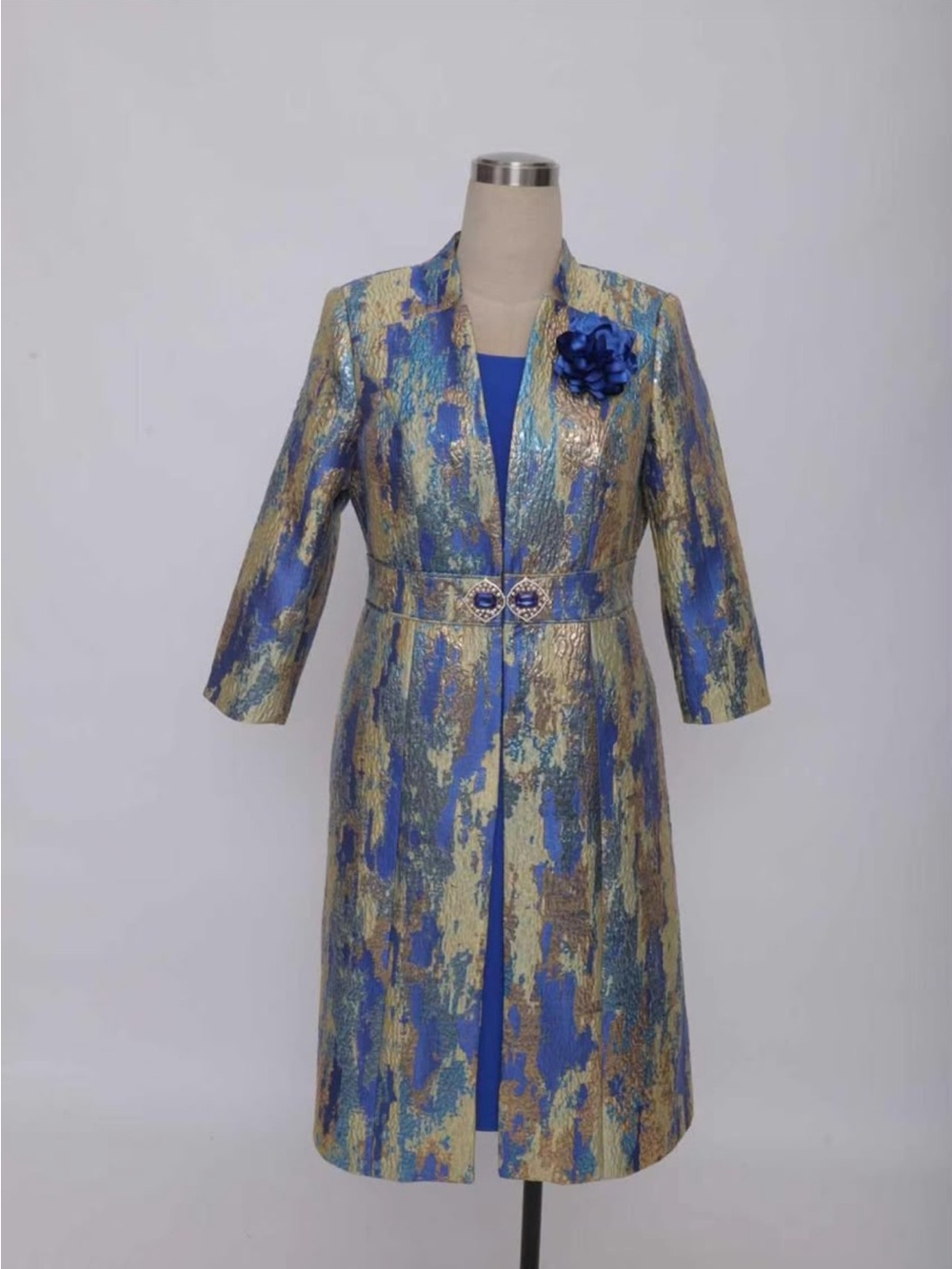 Elegant Blue & Gold Brocade Coat Dress with Floral Accent